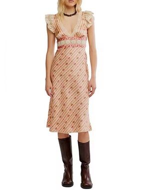 Free People Bali Belle Floral Print V-Neck Cap Sleeve Lace Detail Midi Dress NWT